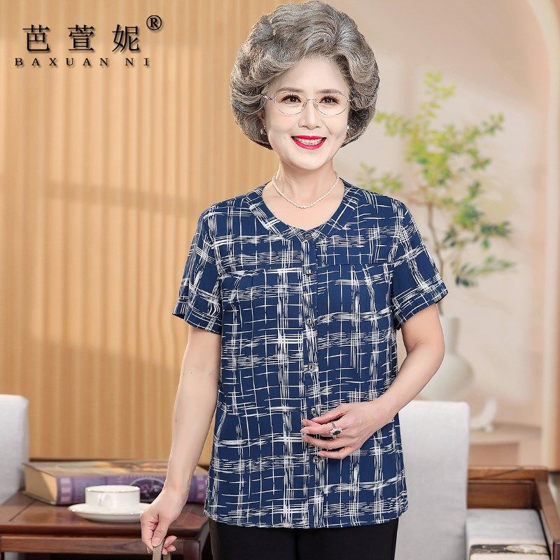 中老年人女装奶奶夏装短袖衬衫老人妈妈套装宽松大码棉绸t恤上衣