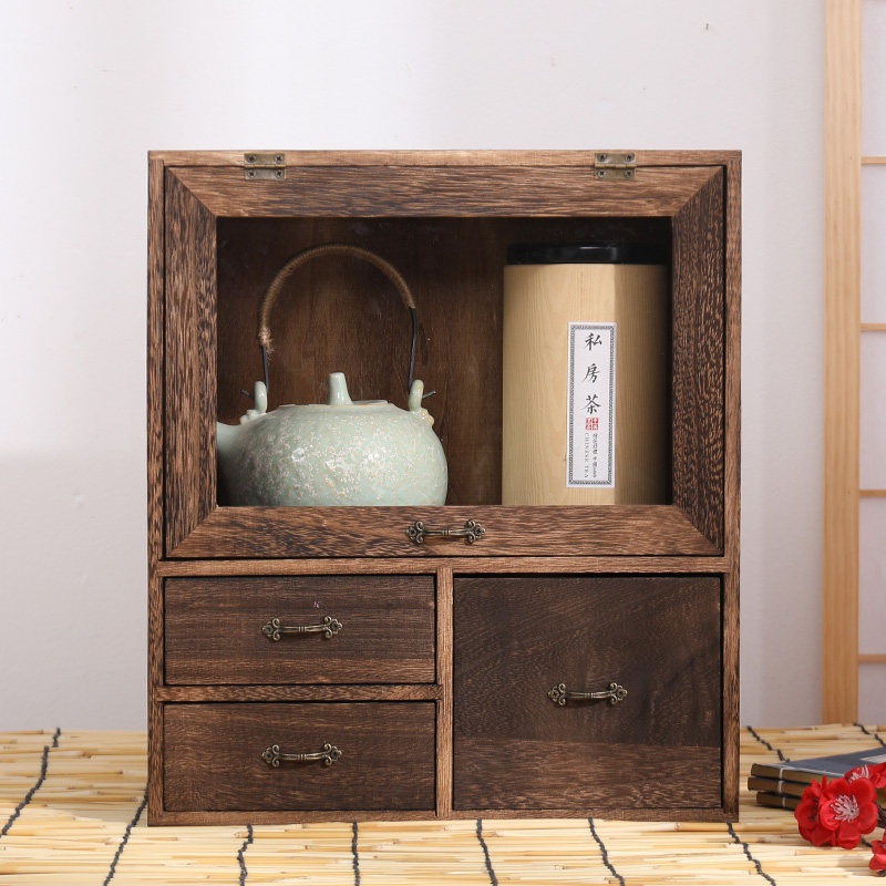 实木防尘茶柜茶杯马克杯收纳柜厨房器皿储物柜透明玻璃展柜茶壶柜