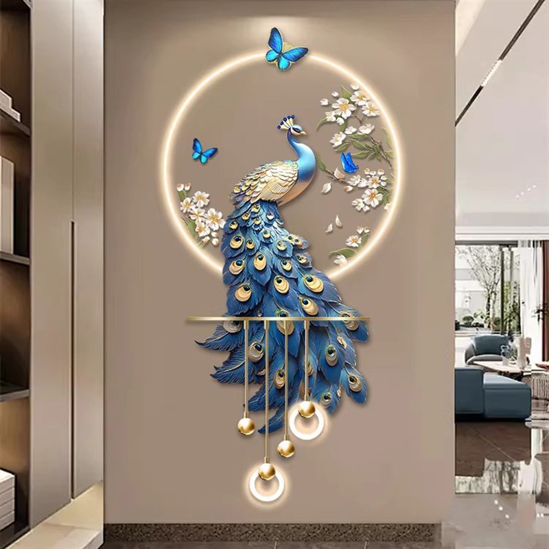 孔雀玄关装饰画 划高级感立体LED壁灯新中式入户走廊过道挂画 划2