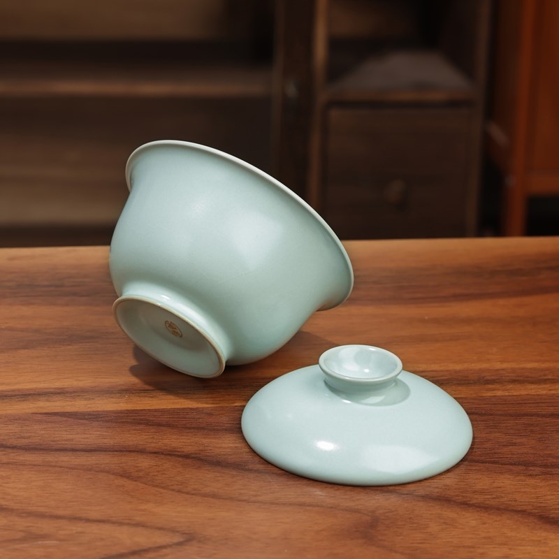 手工汝窑高足盖碗茶杯景德镇青瓷泡茶碗单个中式家用汝瓷茶具礼品