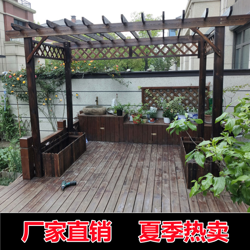 户外防腐木葡萄架庭院凉亭大花架碳化木花园廊架实木爬藤架带花盆