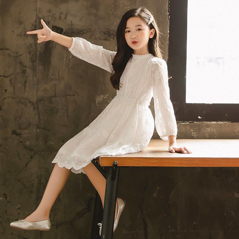 女童白色连衣裙春秋2024新款女孩裙子春装中大童蕾丝公主裙超洋气