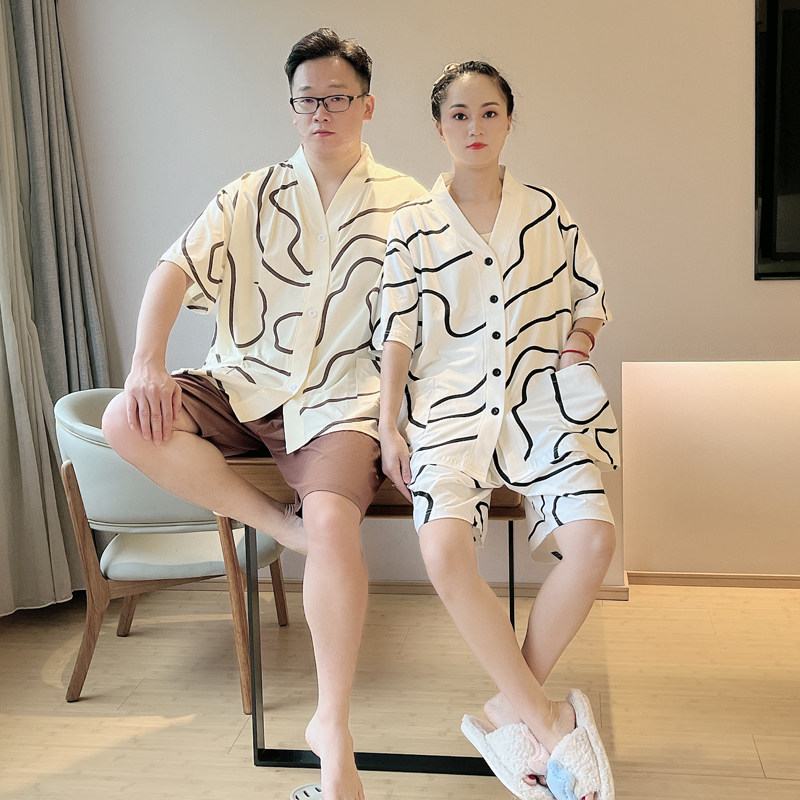 情侣睡衣纯棉短袖开衫女士夏季简约大码男士可外出薄款家居服套装