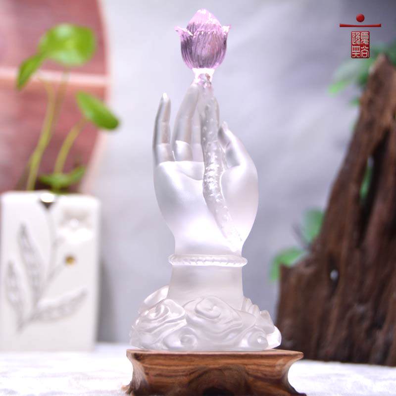 琉璃工艺品佛手莲花一心一意中式办公室玄关茶桌水晶佛系禅意摆件