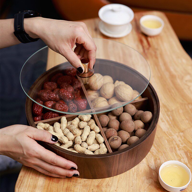 弘艺堂胡桃实木果盒家用客厅糖果盒创意带盖坚果盒新年零食收纳盒