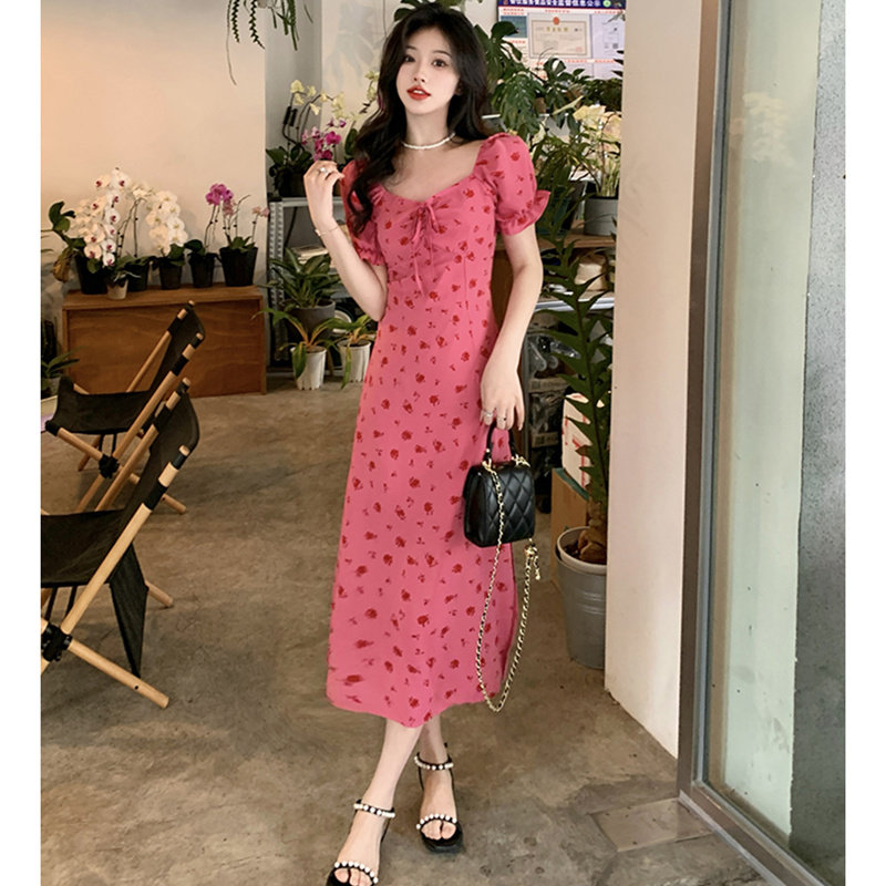 女神范树莓色显白连衣裙女大码夏季新款长款碎花裙藏肉显瘦长裙子