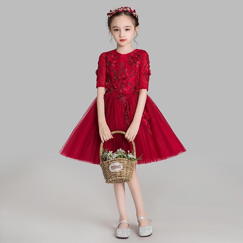 儿童礼服公主裙蓬蓬纱女童婚纱小主持人红色演出服模特走秀表演服