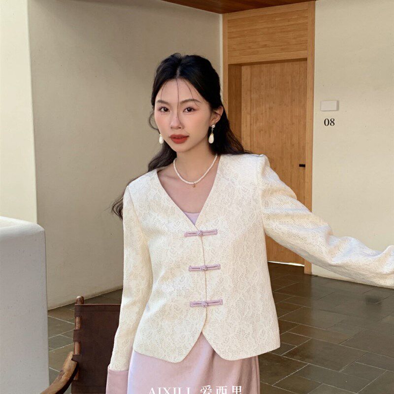 爱西里2024春季新款新中式盘扣蕾丝外套百搭复古吊带连衣裙套装女