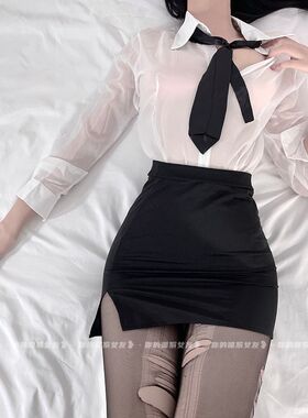 性感雪纺衬衫女教师长袖超短裙包臀睡衣秘书制服职业套装睡裙春秋