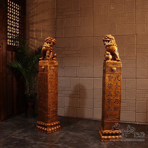 新中式复古拴马桩仿石雕仿石柱狮子柱子栓马石玄关创意守护神摆件
