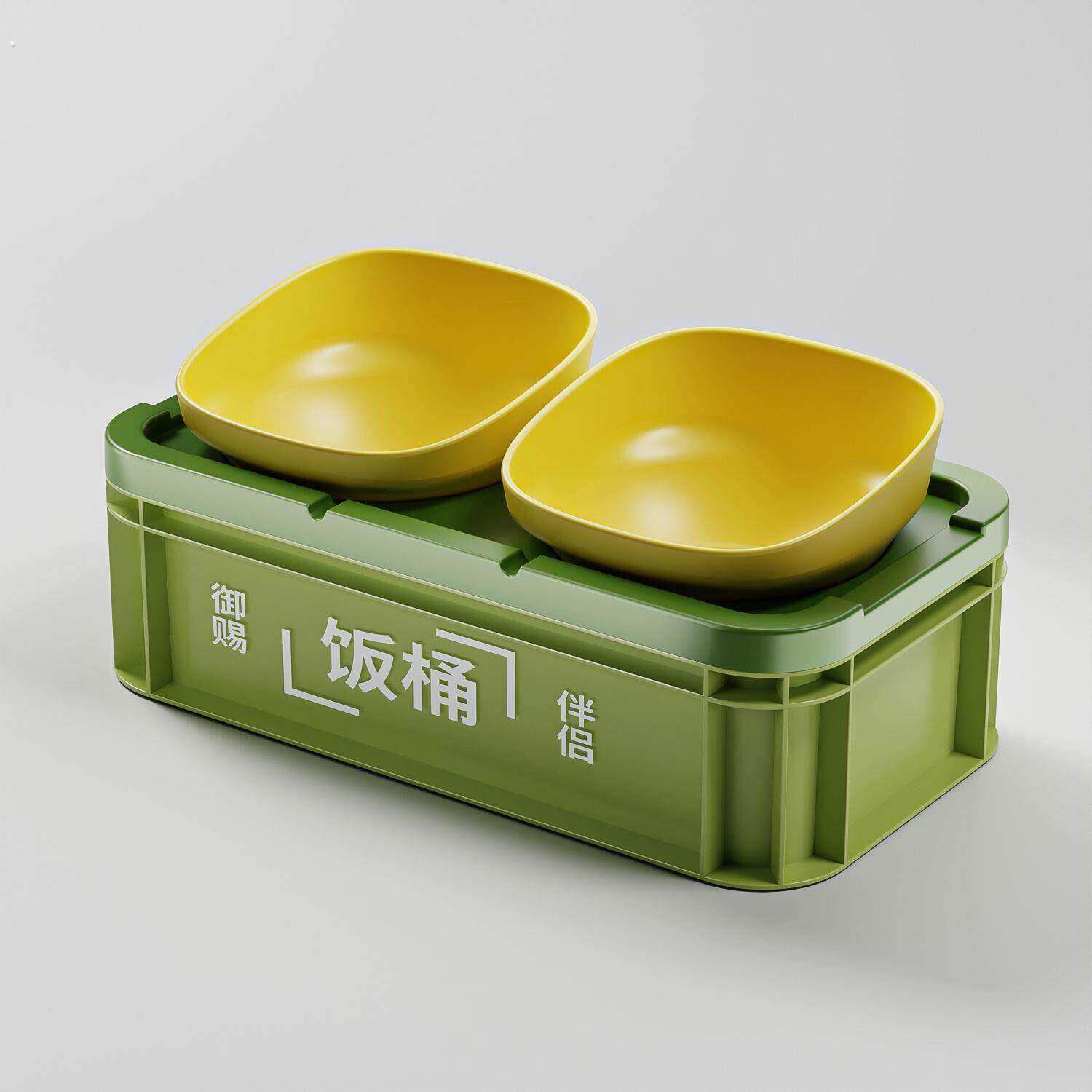 宠物双碗厂家露营风倾斜护颈狗狗食盆可收纳装粮大容量狗碗