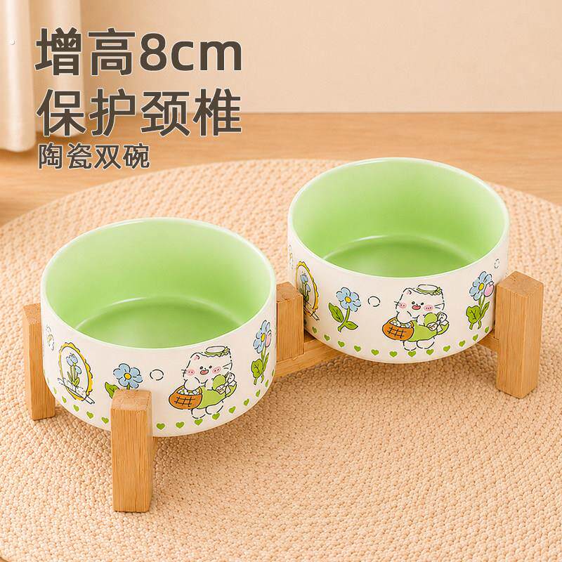 陶瓷猫碗猫食盆宠物碗喝水碗粮碗双碗猫咪饭碗狗狗碗防打翻护颈