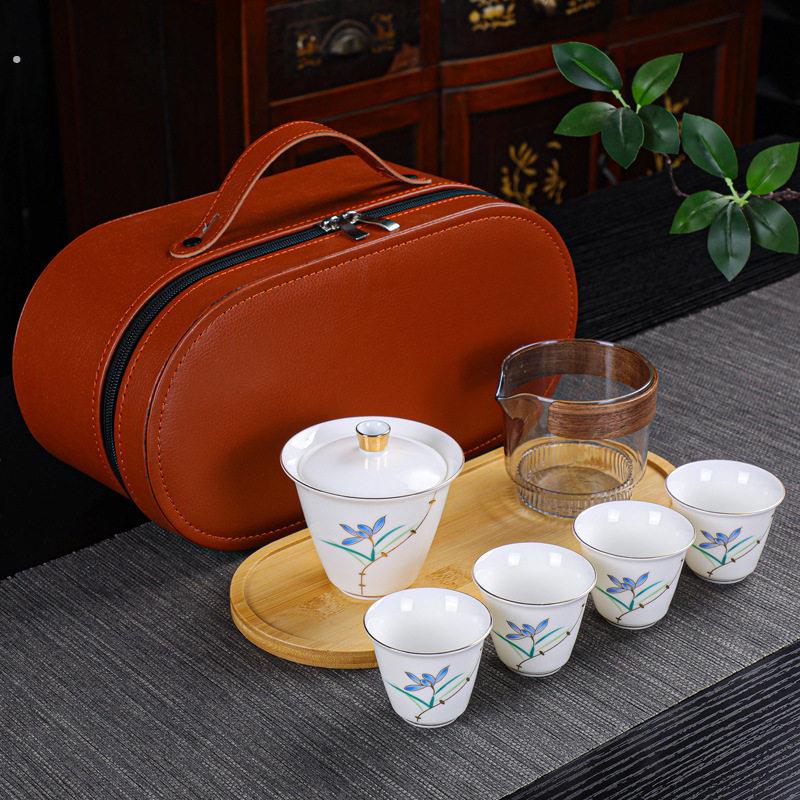 陶瓷功夫茶具套组一壶四杯可携式旅行茶具全套喝茶杯盖碗伴手礼品