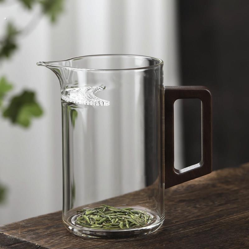 高档木把月牙玻璃公道杯茶漏一体泡绿茶分茶器茶具倒茶壶轻奢公杯