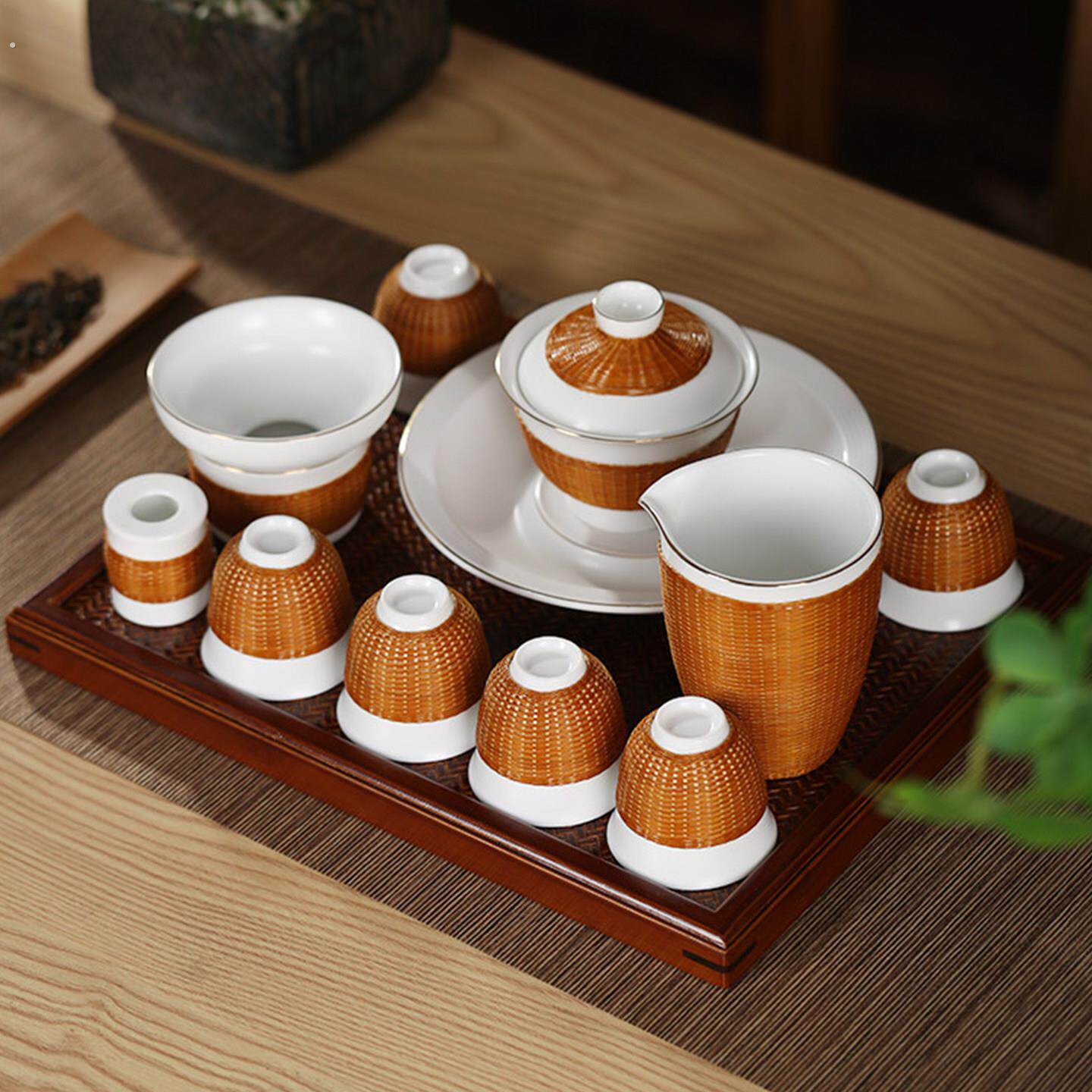 2025年新款竹丝扣瓷竹编茶具白瓷套装茶杯非遗茶具茶具套装陶瓷
