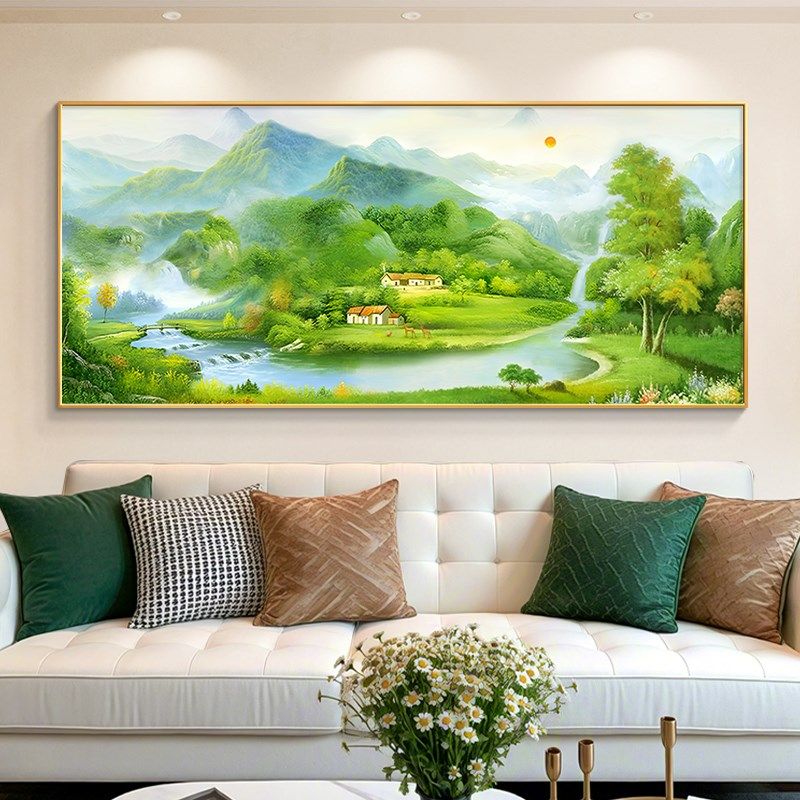 聚宝盆山水画客厅挂画沙发背景墙装饰画2025新款油画轻奢高级感
