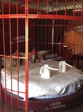 创意铁艺大圆床儿童公主床单双人床时尚情侣婚床酒店装饰大型鸟笼