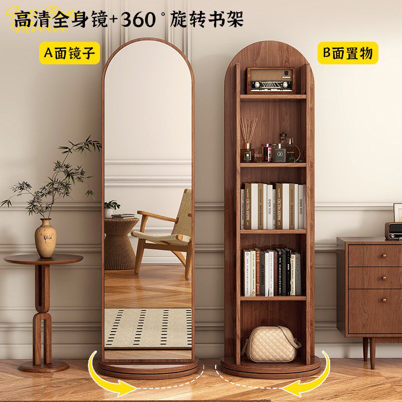 旋转书架一体落地全身穿衣镜子置物架家用储物柜儿童书架展示架子