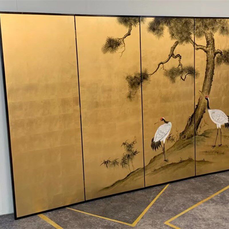 折屏屏风隔断玄关金箔手绘漆画屏古松日式仙鹤移动背景墙