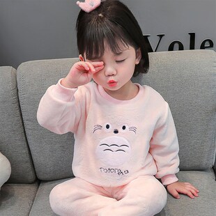 儿童珊瑚绒睡衣男童女童冬季加厚法兰绒可爱宝宝中大童家居服套装