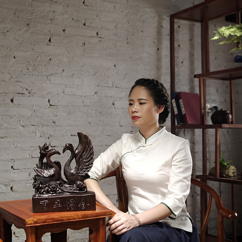 木雕百年好合天鹅摆件创意结婚礼物客厅新婚礼品家居电视柜装饰品