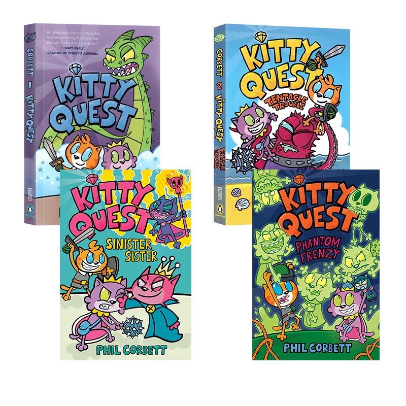英文原版 Kitty Quest 小猫探险4册合售 儿童幽默爆笑桥梁漫画 全彩冒险图画书 青少年英语课外小说读物 Phil Corbett