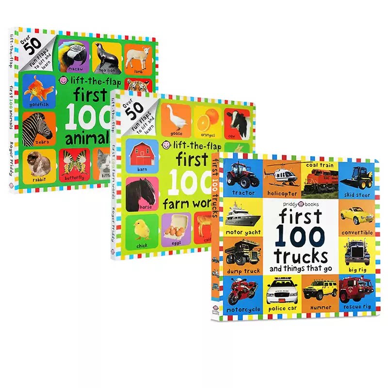英文原版 First 100系列 大开本纸板翻翻书 幼儿图解词典启蒙认知100词 First 100 Trucks/Farm 3册 精装Lift-the-Flap