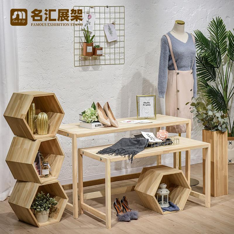 服装店橱窗展示桌童装店铺高低流水台木质中岛展示台中间货架简约