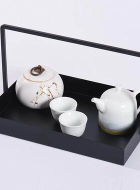新中式铁艺提篮样板间软装现代托盘酒店创意黑色铁艺茶托饰品摆件