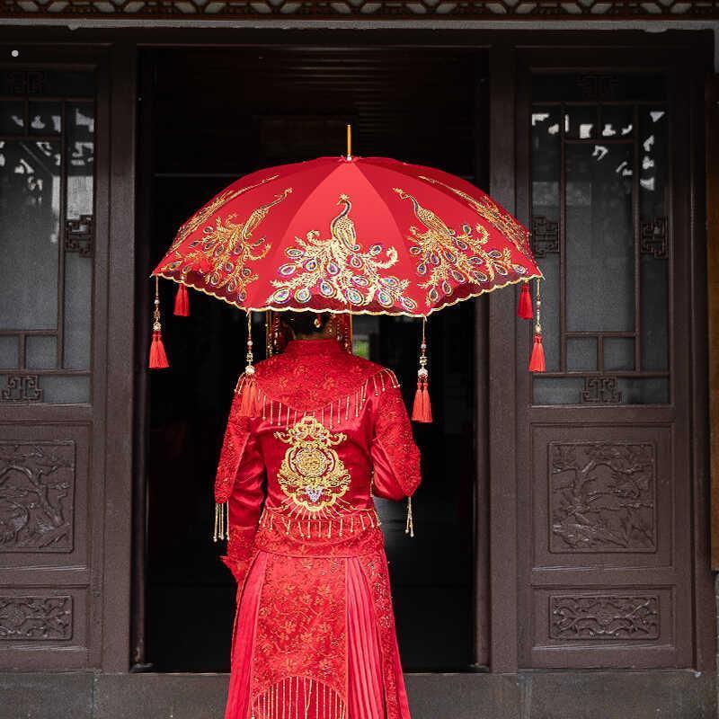 结婚用品新娘婚出门大喜伞庆见详情伞婚庆红红色全自动亮片长柄伞
