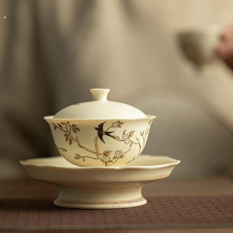 苏打烧陶瓷盖碗功夫茶具单个不烫手泡茶茶杯三才碗复古泡茶碗