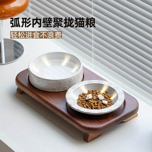 陶瓷猫碗增高架宠物餐桌木架高脚保护颈椎双碗水碗粮碗狗碗狗食盆