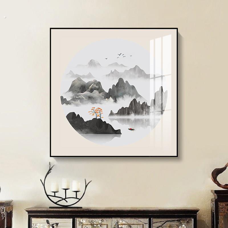 新中式玄关装饰画风景山水画走廊过道壁画客厅方形饭厅办公室挂画