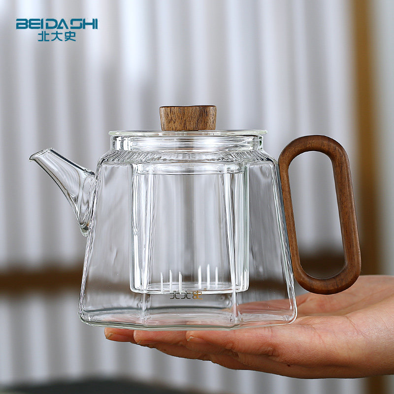 玻璃泡茶壶 电陶炉煮茶 耐热玻璃茶壶花茶八角木把手家用沏茶壶