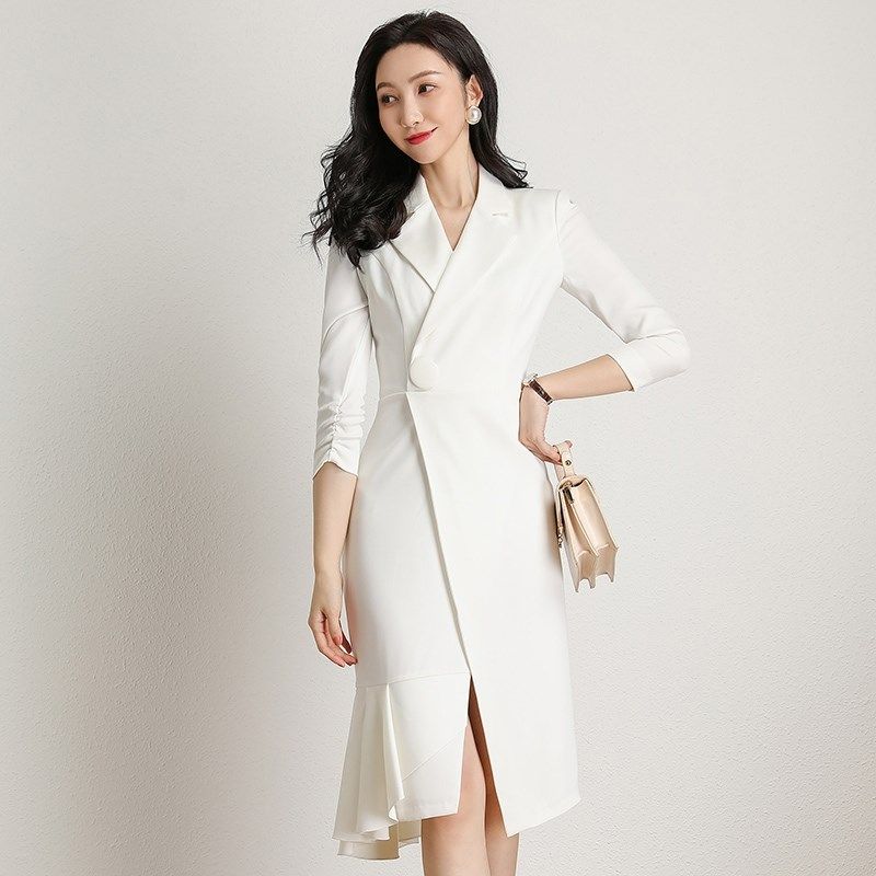 演讲比赛白色西装高级感职业连衣裙礼服女正式场合高端主持人正装