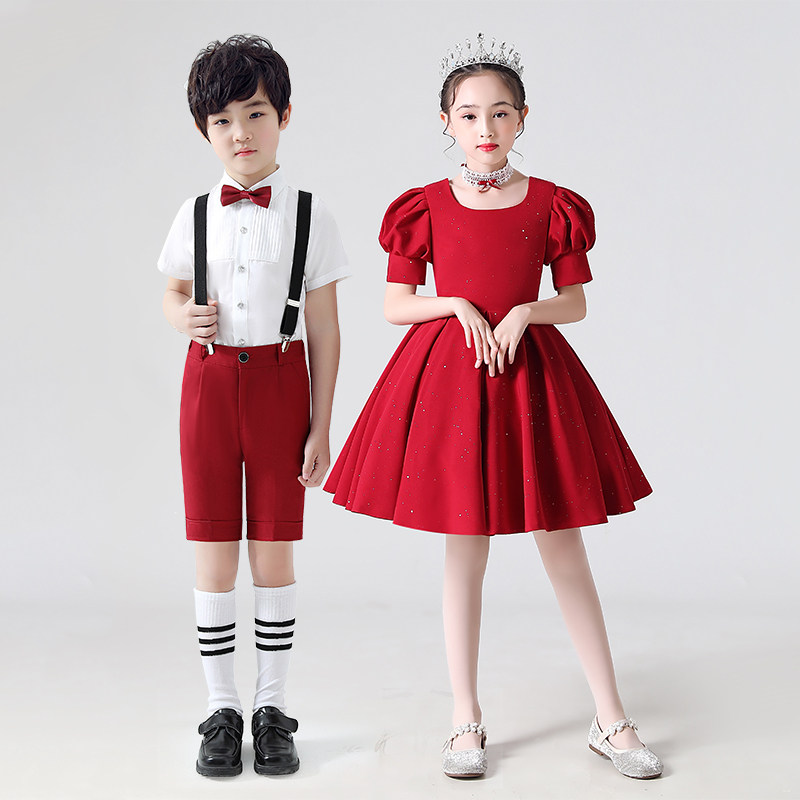 儿童合唱演出服女童舞蹈裙男童背带裤小学生朗诵礼服六一表演服装