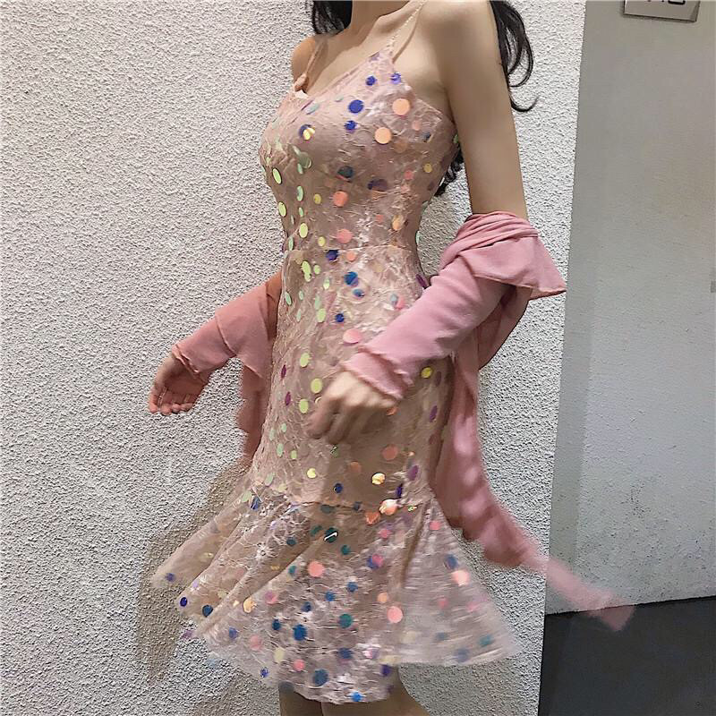 性感亮片吊带连衣裙两件套修身显瘦裙子荷叶边鱼尾长裙套装沙滩裙