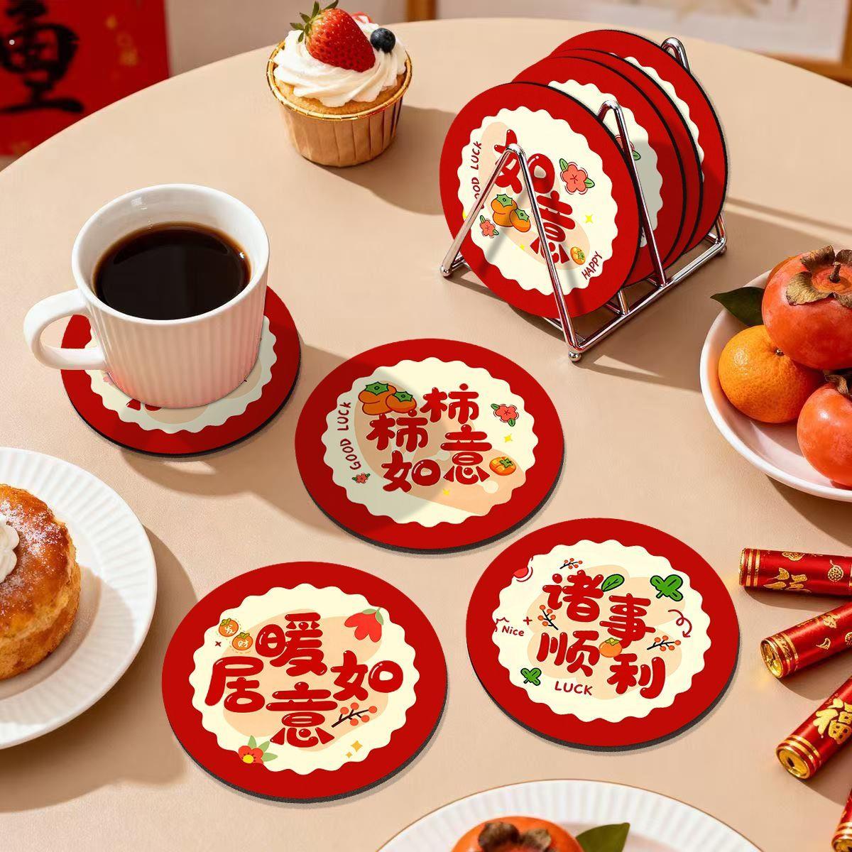 26新年喜庆餐垫马年装饰圆形防烫隔热碗盘垫矽藻泥吸水杯垫桌垫子