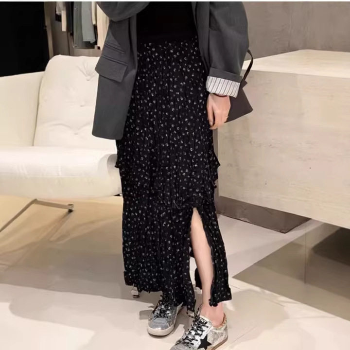 韩系复古黑色碎花A字半身裙女中长款开叉荷叶边蛋糕裙减龄裙子潮