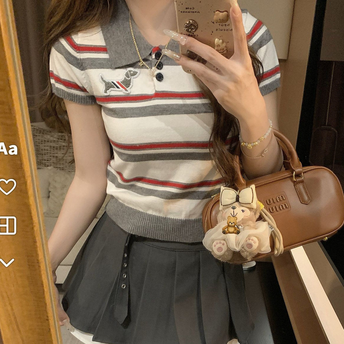 夏季新款减龄学院风翻领上衣小狗图案撞色条纹POLO领针织短袖T恤