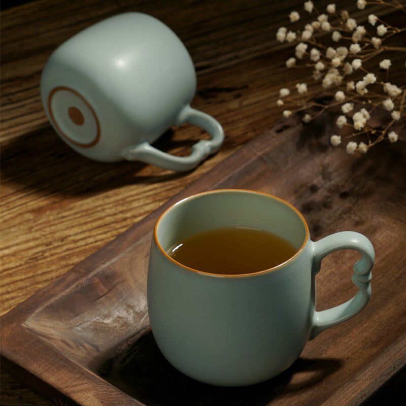 汝窑马克杯大容量茶杯景德镇办公杯陶瓷杯子仿古汝瓷情侣水杯青瓷