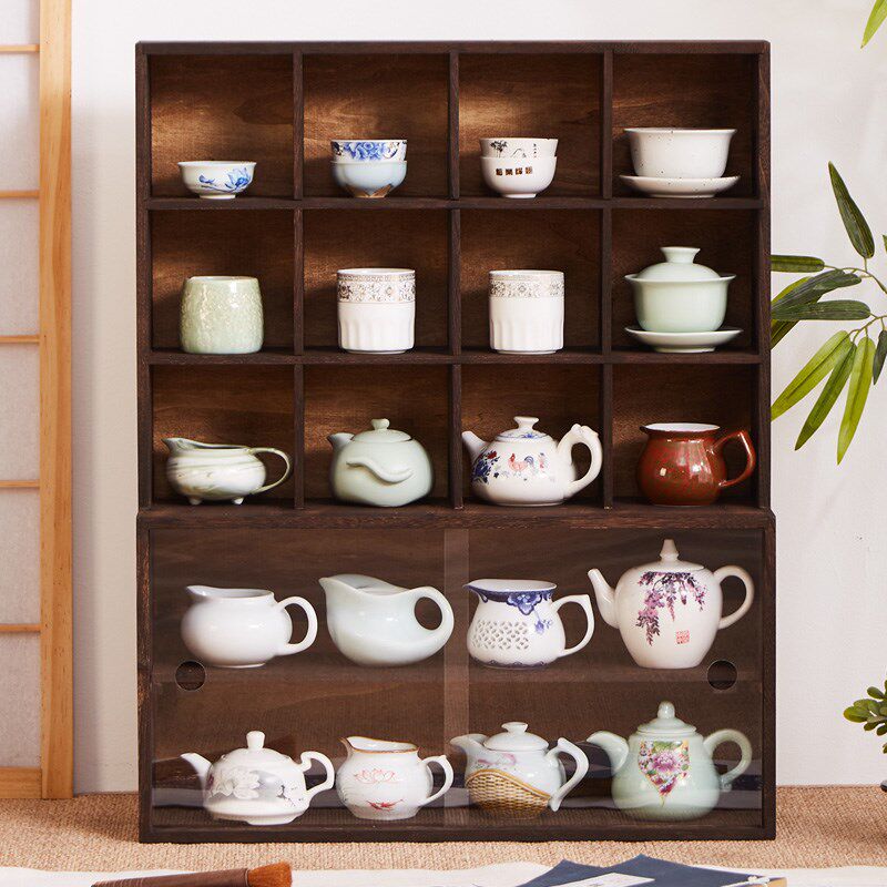 实木桌面博古架多宝阁防尘茶杯茶壶展示架多层格子置物架茶具摆架