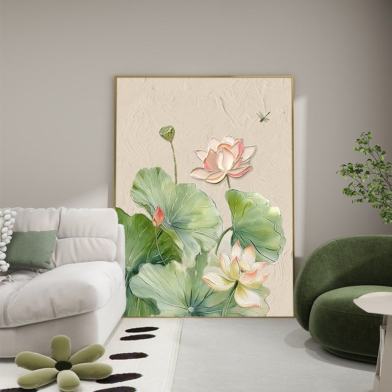 荷花九鱼图玄关装饰画大芬村油画入户正对门挂画客厅走廊过道壁画