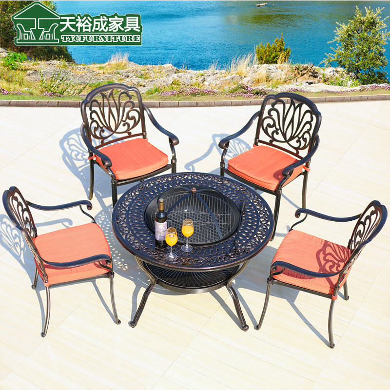 铸铝户外烧烤桌椅室外庭院阳台休闲铁艺餐桌椅露天外摆碳烧烤炉桌