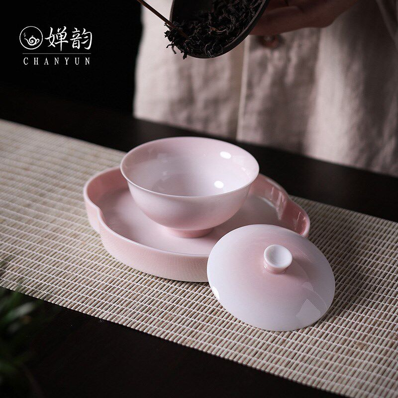婵韵斋居黄丽君渐变粉色元宝二才盖碗单个泡茶家用茶具小田月月