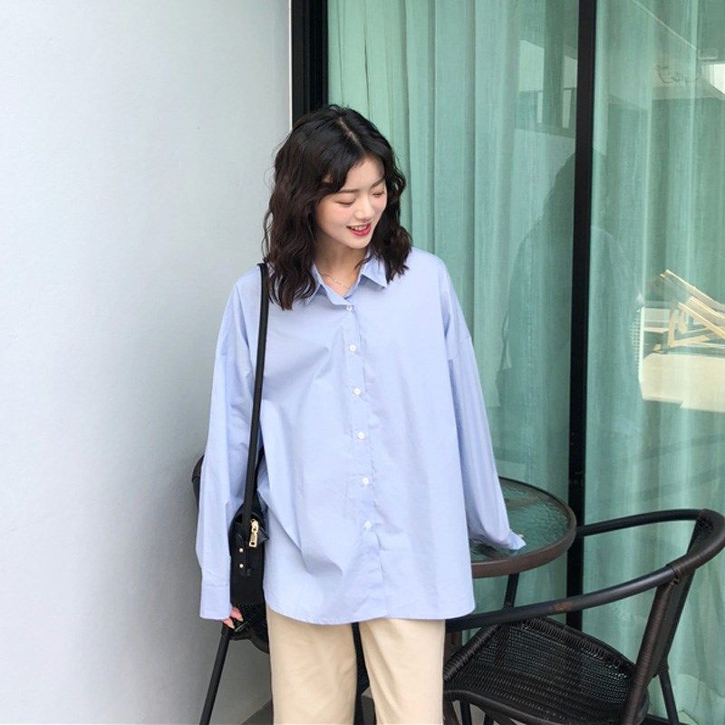 初秋清爽淡蓝色衬衫女少女感文艺学生bf风宽松休闲天蓝色衬衣长袖