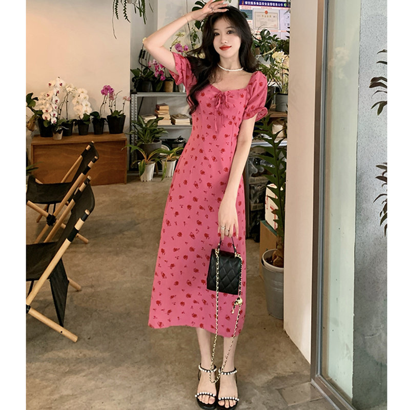 女神范树莓色显白连衣裙女大码夏季新款长款碎花裙藏肉显瘦长裙子