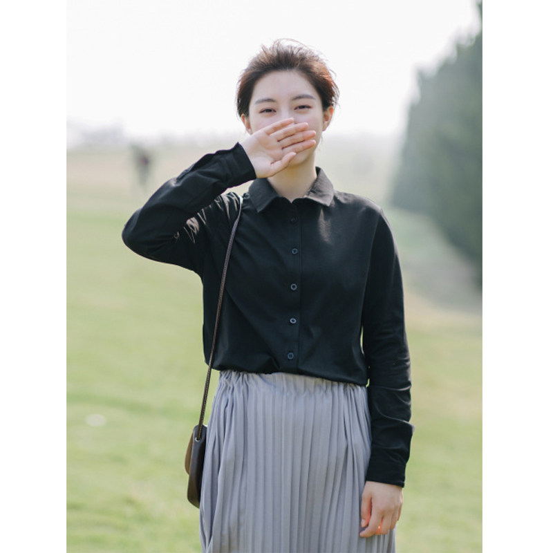 谧斯针织弹力衬衫女长袖黑色职业装衬衣白色修身打底衫2022年春季