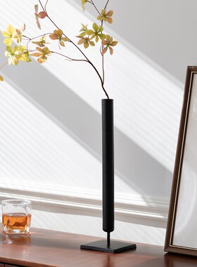 侘寂风铁艺简约花瓶客厅插花装饰摆件中式禅意高级感黑色细长花器