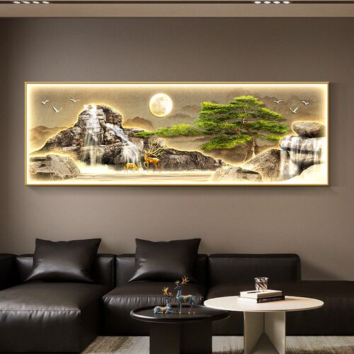 流水生财客厅装饰画山水风景迎客松壁画沙发背景墙带led灯光挂画